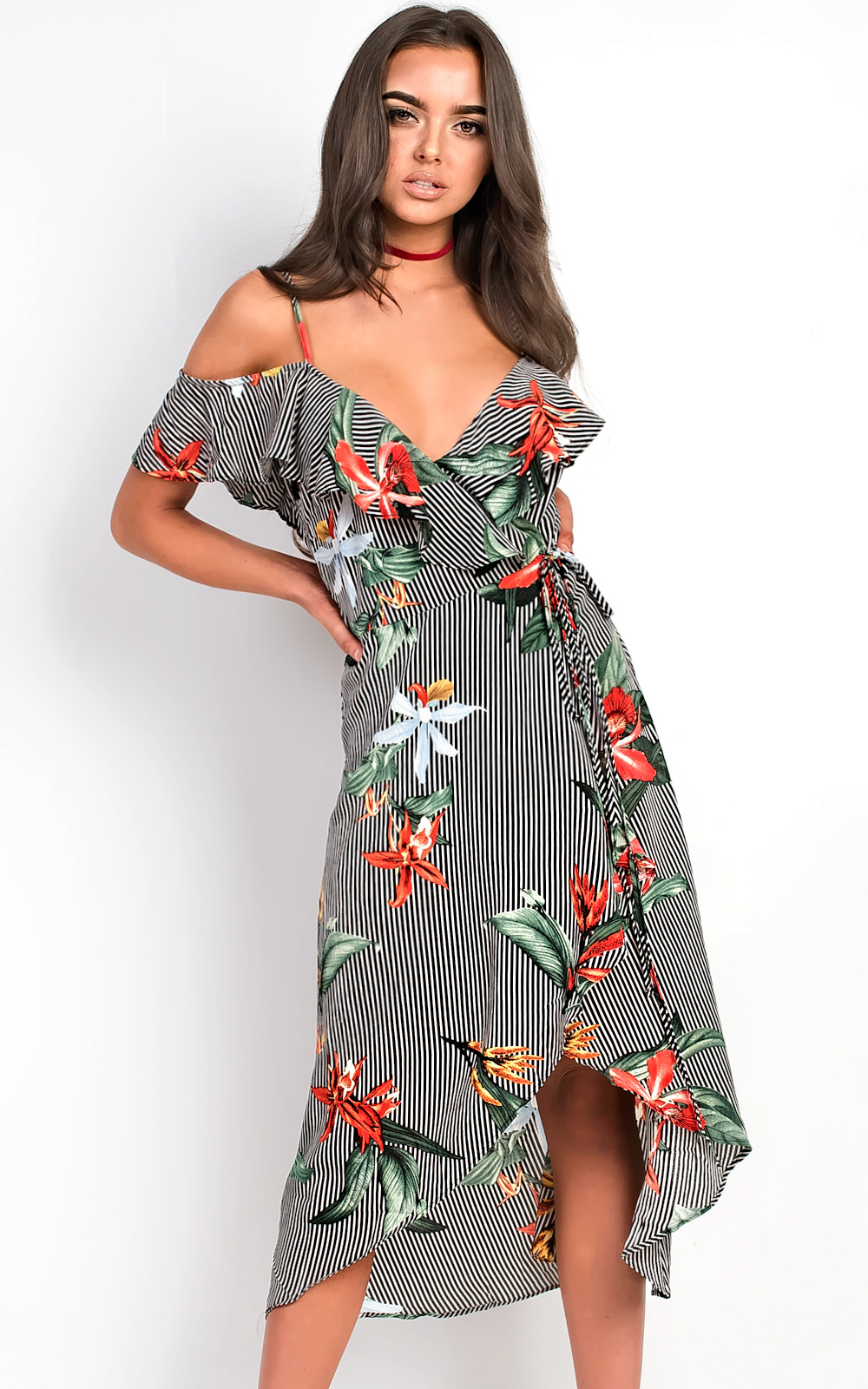 Julia Floral Frill Sleeve Wrap Front Midi Dress Thumbnail