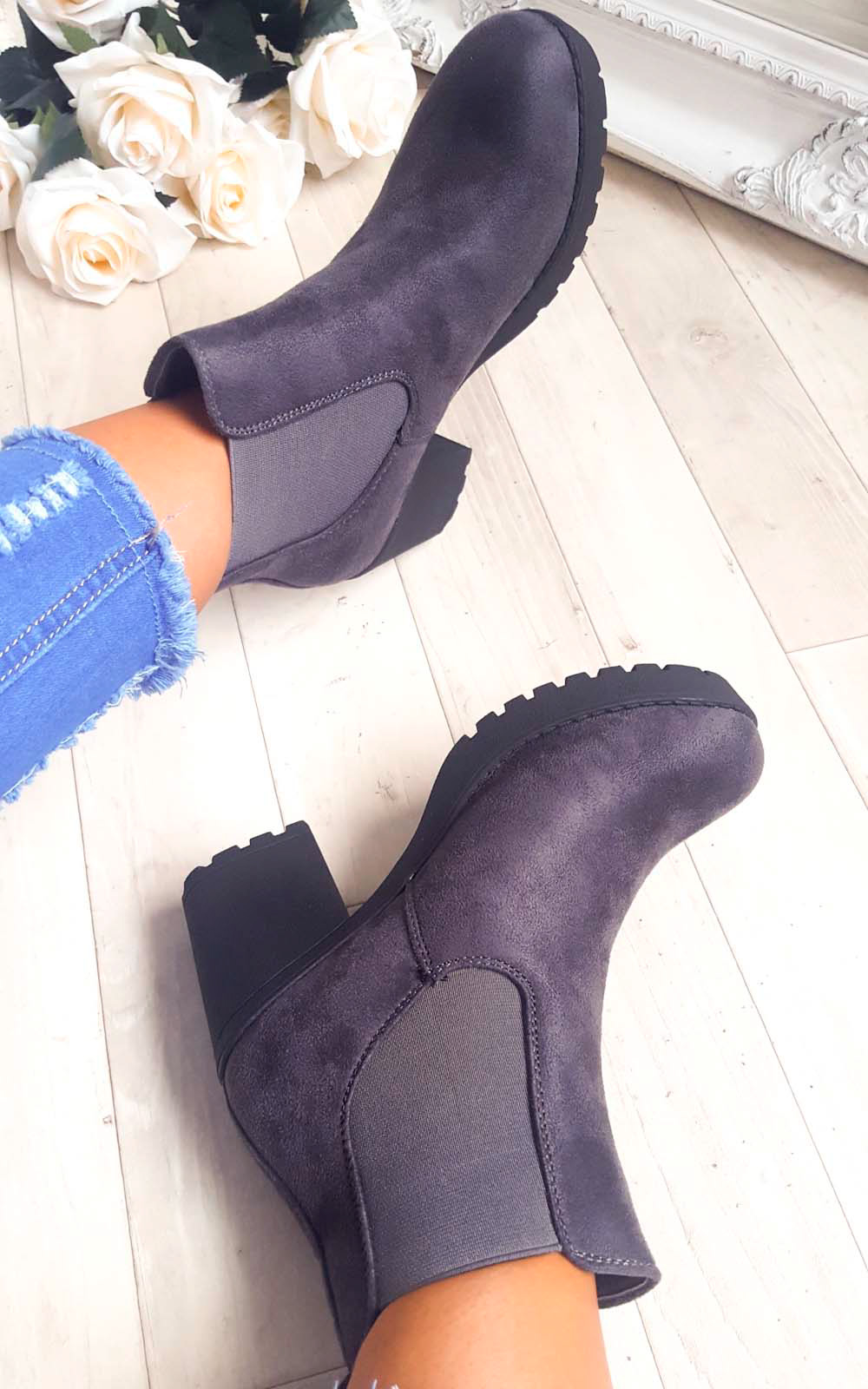 grey chunky heel ankle boots
