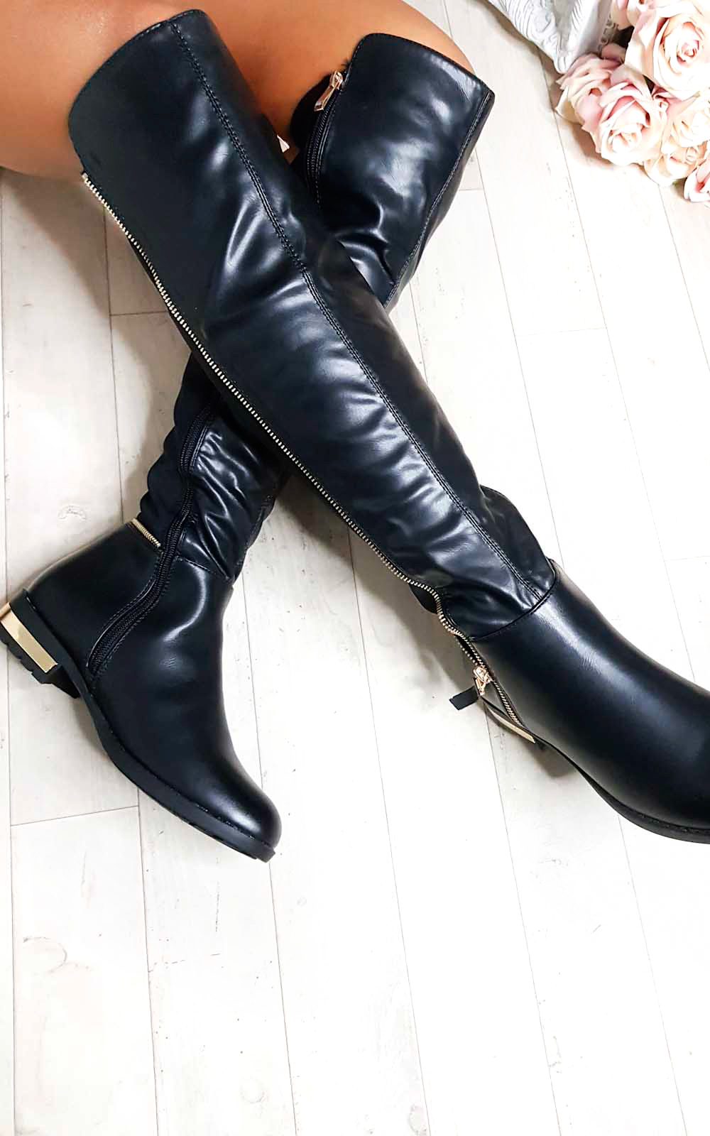 Jodie Faux Leather Gold Bar Knee High Boots Jodie Faux Leather Gold Bar Knee High Boots