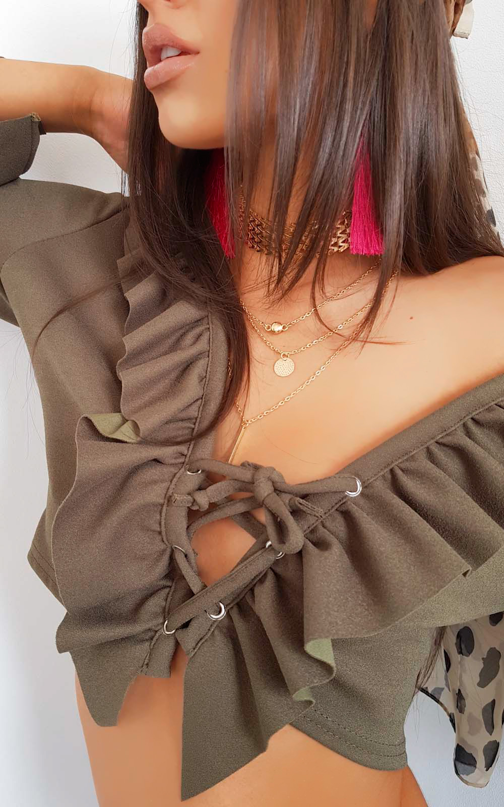 Styla Tie Front Bell Sleeve Crop Top