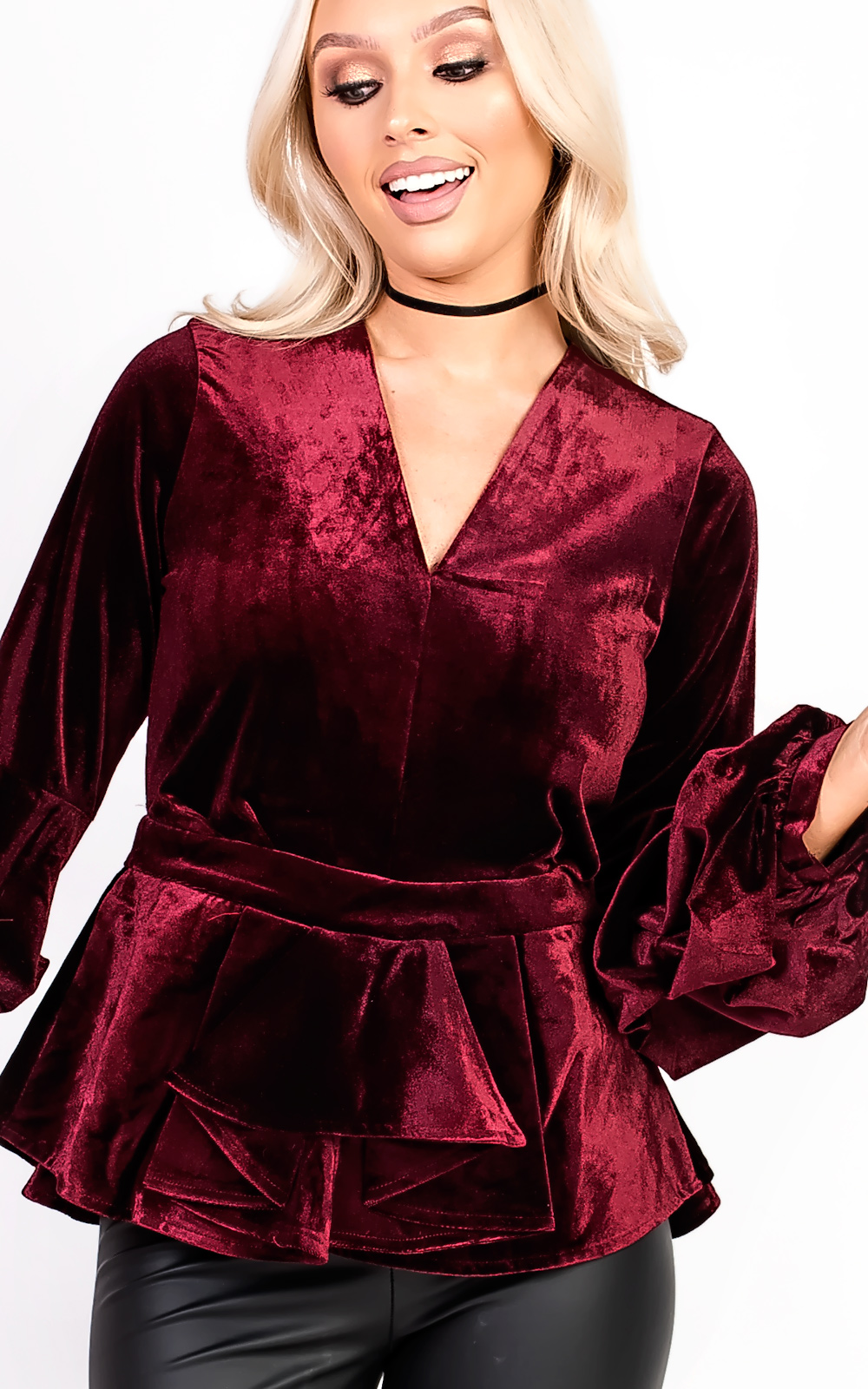 Rozlyn Ruffle Sleeve Peplum Velvet Top