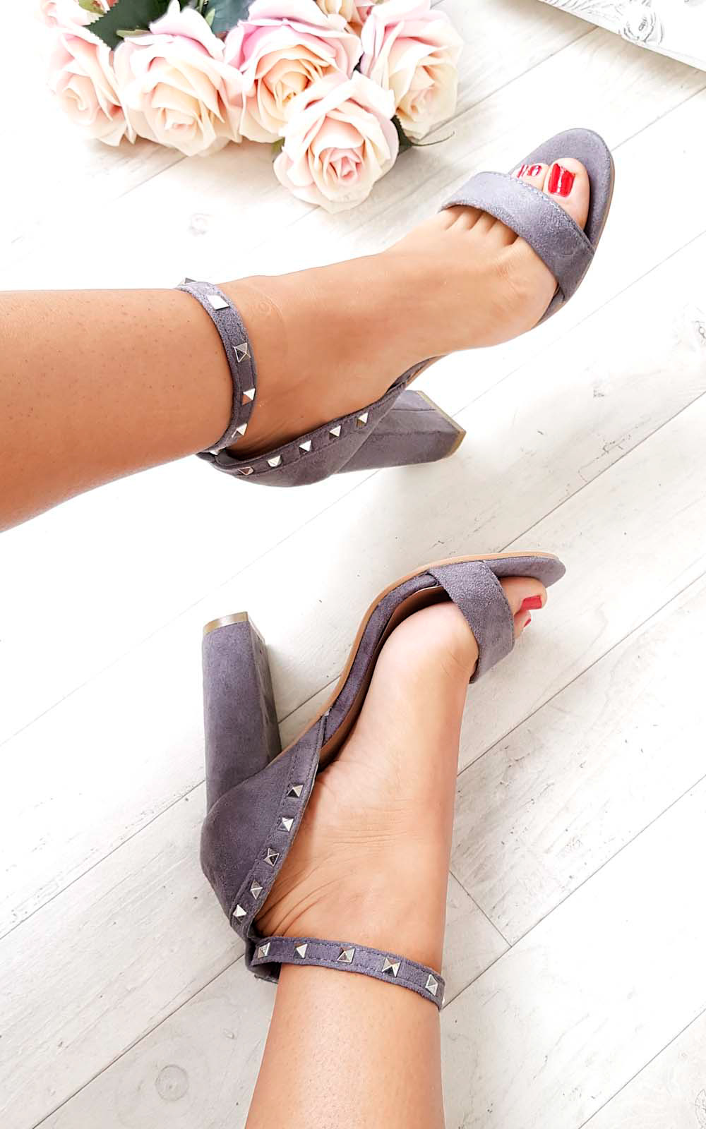 Lalia Faux Suede Studded Block Heels Lalia Faux Suede Studded Block Heels