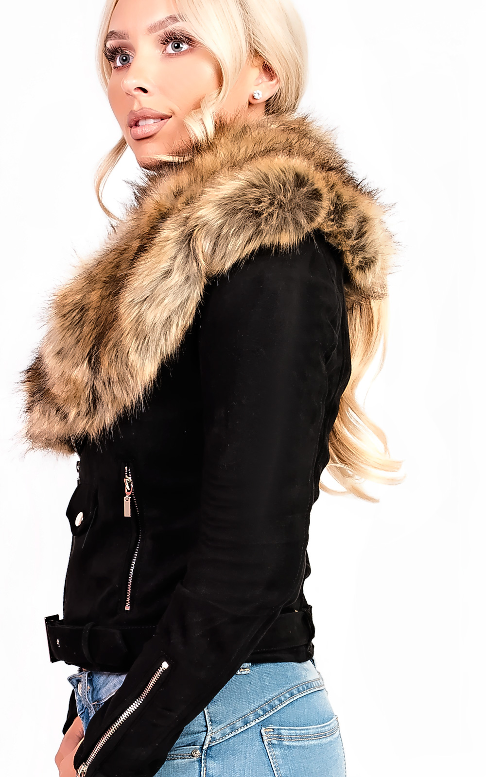 Brienna Faux Fur Suede Biker Jacket Thumbnail