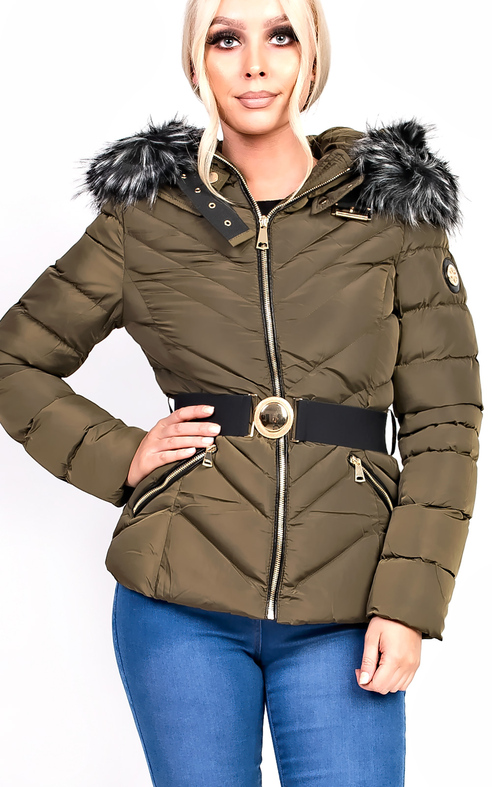 Sylvia Padded Faux Fur Hooded Belted Jacket