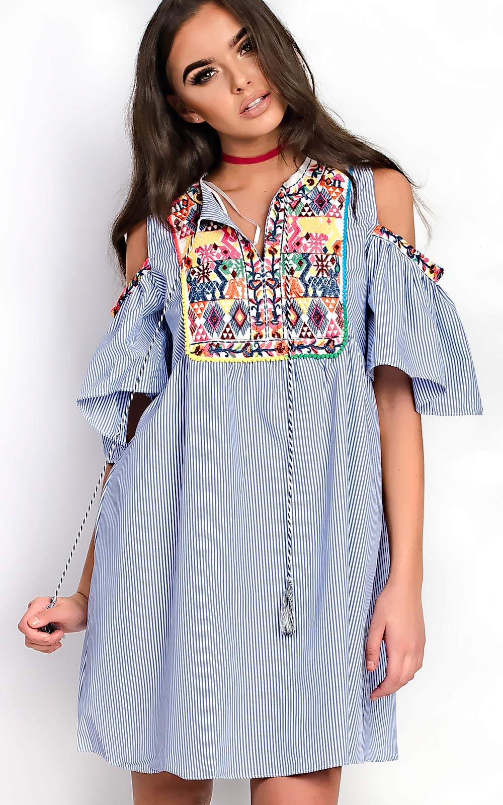Abi Stripe Pattern Bright PomPom Shift Dress Thumbnail Abi Stripe Pattern Bright PomPom Shift Dress Thumbnail