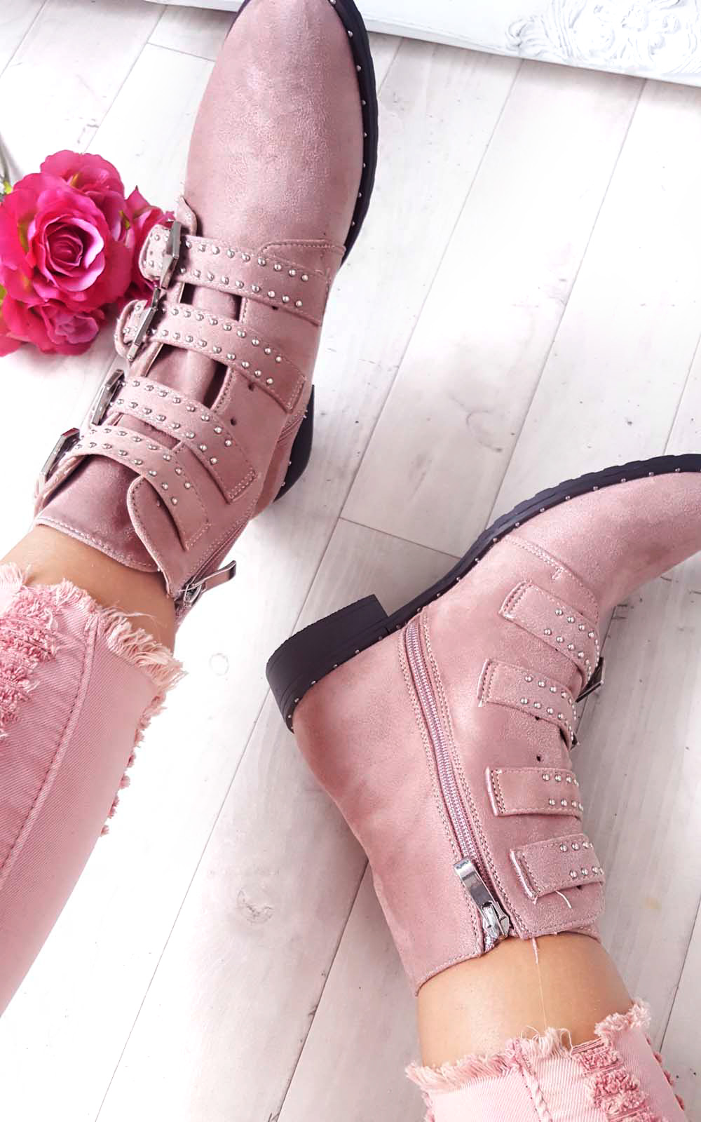 Alexis Studded Buckle Faux Suede Ankle Boots Alexis Studded Buckle Faux Suede Ankle Boots