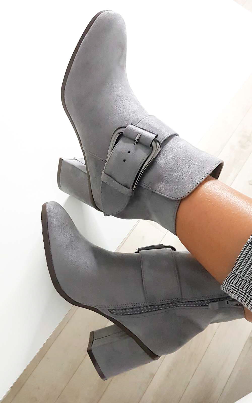 Carms Large Buckle Faux Suede Ankle Boots Thumbnail