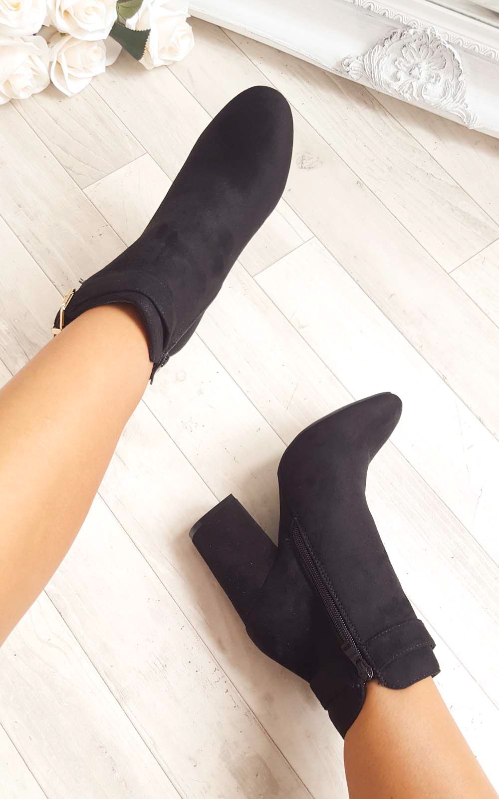 Misa Buckle Faux Suede Ankle Boots