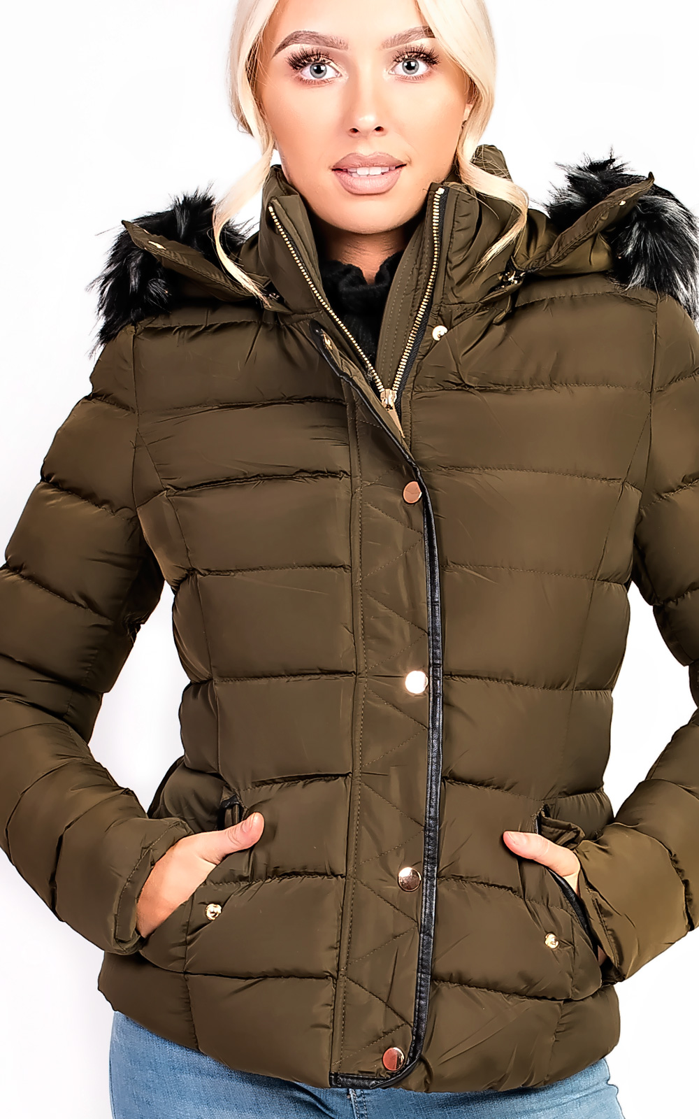 Selina Padded Faux Fur Popper Hooded Jacket Selina Padded Faux Fur Popper Hooded Jacket