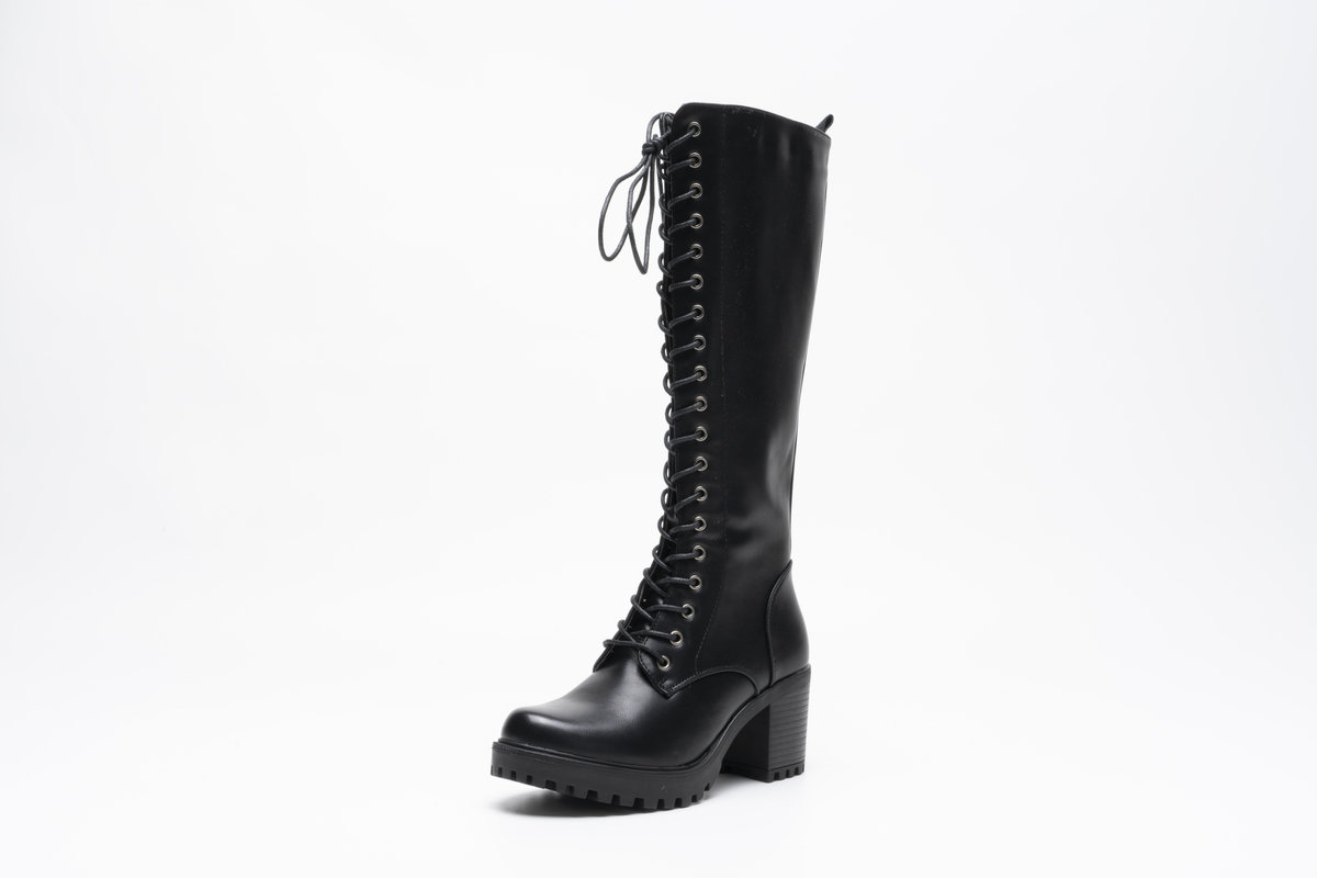 Cleo Lace Up Knee High Chunky Boots with Zip Closure