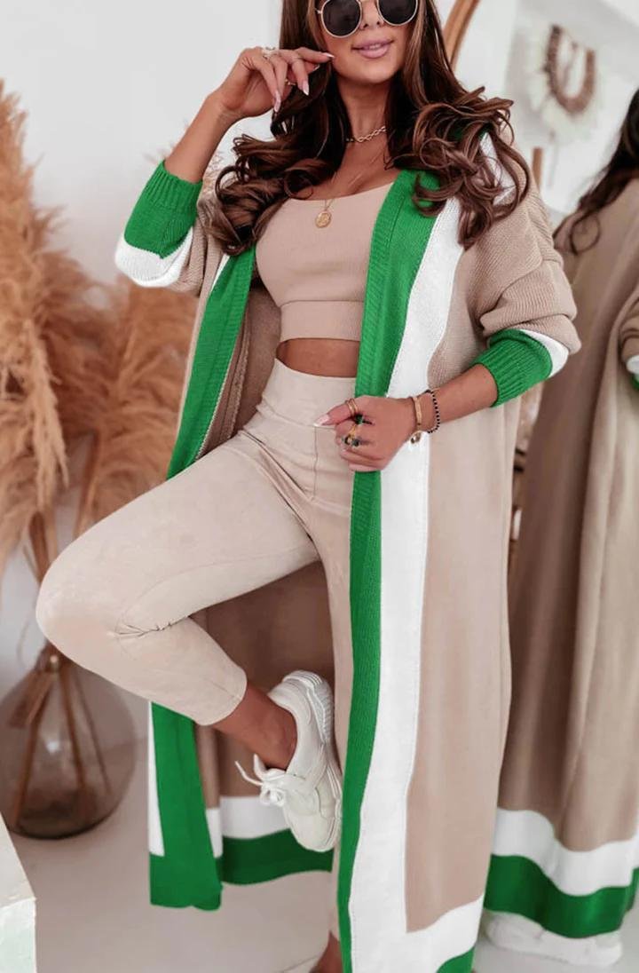 Marlowe Beige Maxi Cardigan with Border Details Thumbnail Marlowe Beige Maxi Cardigan with Border Details Thumbnail