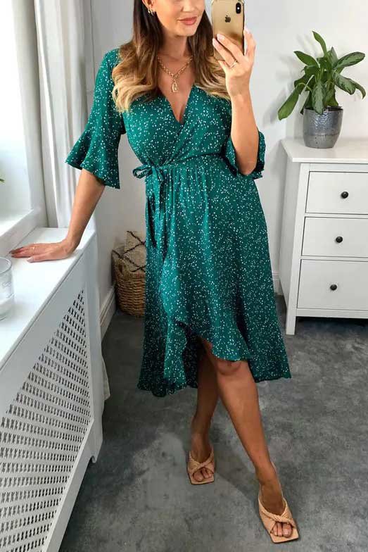Kayla Half Sleeve Polka Pattern Wrap Midi Dress Kayla Half Sleeve Polka Pattern Wrap Midi Dress