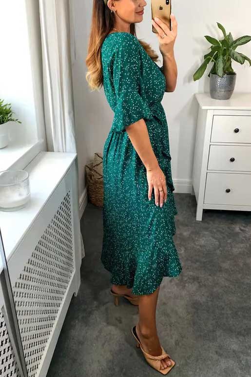 Kayla Half Sleeve Polka Pattern Wrap Midi Dress Thumbnail