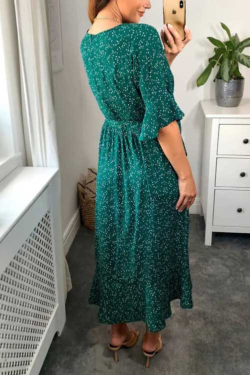 Kayla Half Sleeve Polka Pattern Wrap Midi Dress Thumbnail