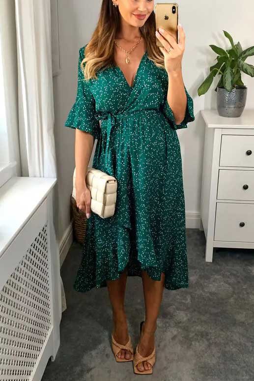 Kayla Half Sleeve Polka Pattern Wrap Midi Dress Thumbnail