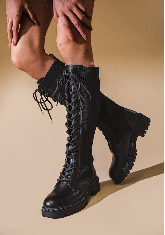 Cassie Lace Up Cleated Flat Studded Chunky Boots Thumbnail