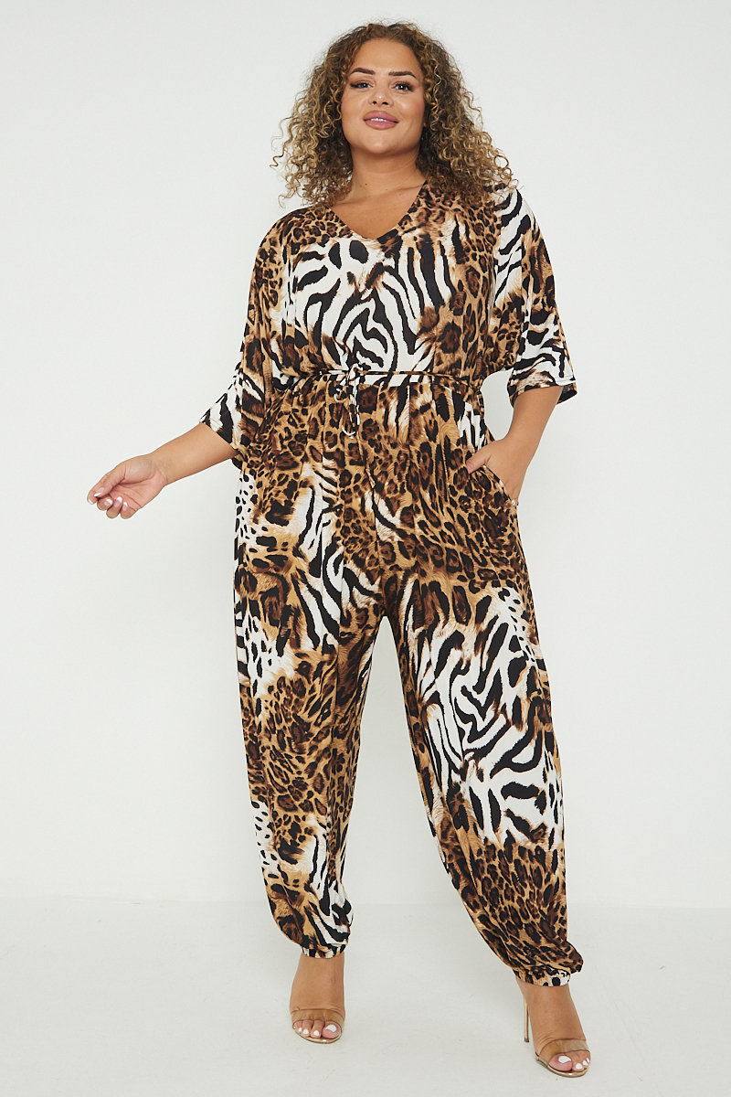 Elise Animal Print Tie Waist Plus Size Jumpsuit Thumbnail Elise Animal Print Tie Waist Plus Size Jumpsuit Thumbnail