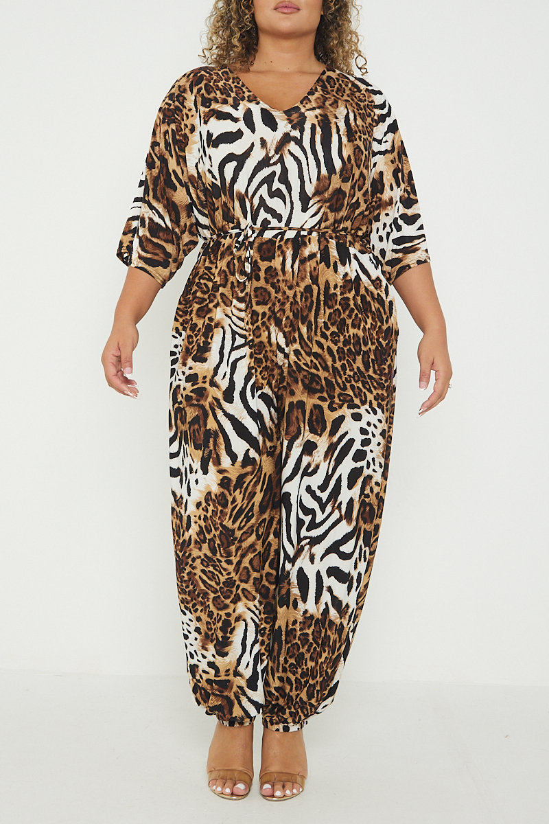 Elise Animal Print Tie Waist Plus Size Jumpsuit  Thumbnail