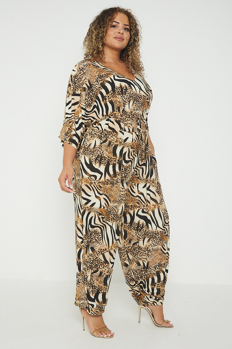 Elise Animal Print Tie Waist Plus Size Jumpsuit Thumbnail Elise Animal Print Tie Waist Plus Size Jumpsuit Thumbnail