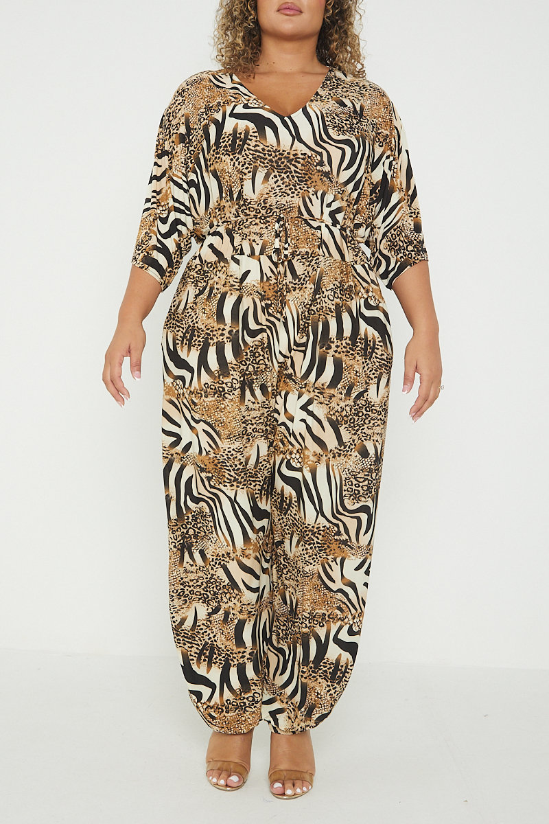 Elise Animal Print Tie Waist Plus Size Jumpsuit Thumbnail Elise Animal Print Tie Waist Plus Size Jumpsuit Thumbnail