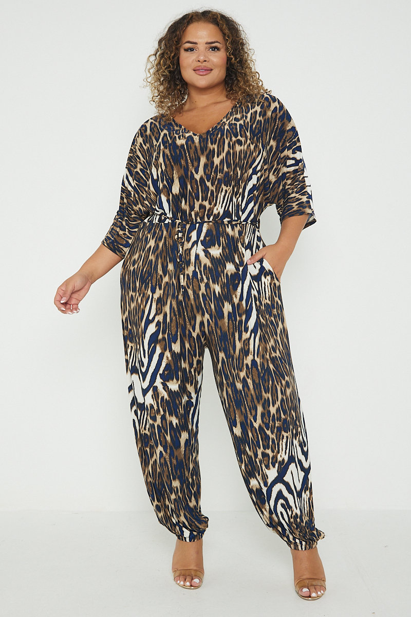 Elise Animal Print Tie Waist Plus Size Jumpsuit Elise Animal Print Tie Waist Plus Size Jumpsuit