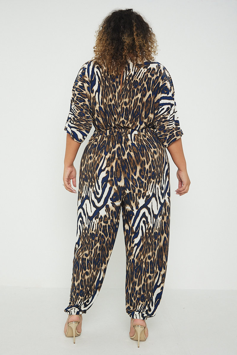Elise Animal Print Tie Waist Plus Size Jumpsuit Thumbnail Elise Animal Print Tie Waist Plus Size Jumpsuit Thumbnail