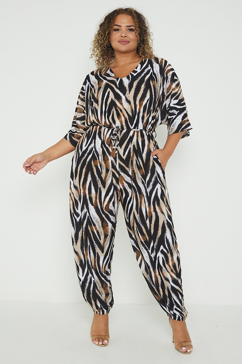 Elise Animal Print Tie Waist Plus Size Jumpsuit Elise Animal Print Tie Waist Plus Size Jumpsuit