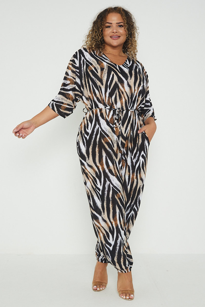 Elise Animal Print Tie Waist Plus Size Jumpsuit Thumbnail Elise Animal Print Tie Waist Plus Size Jumpsuit Thumbnail