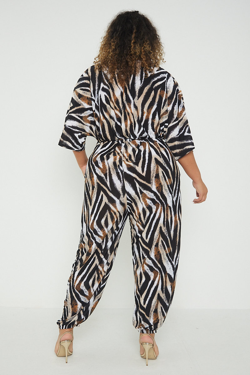 Elise Animal Print Tie Waist Plus Size Jumpsuit Thumbnail Elise Animal Print Tie Waist Plus Size Jumpsuit Thumbnail