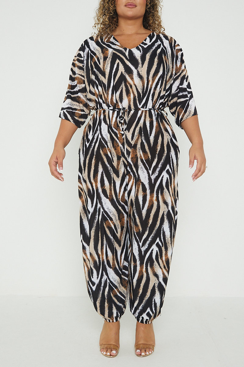Elise Animal Print Tie Waist Plus Size Jumpsuit Thumbnail Elise Animal Print Tie Waist Plus Size Jumpsuit Thumbnail