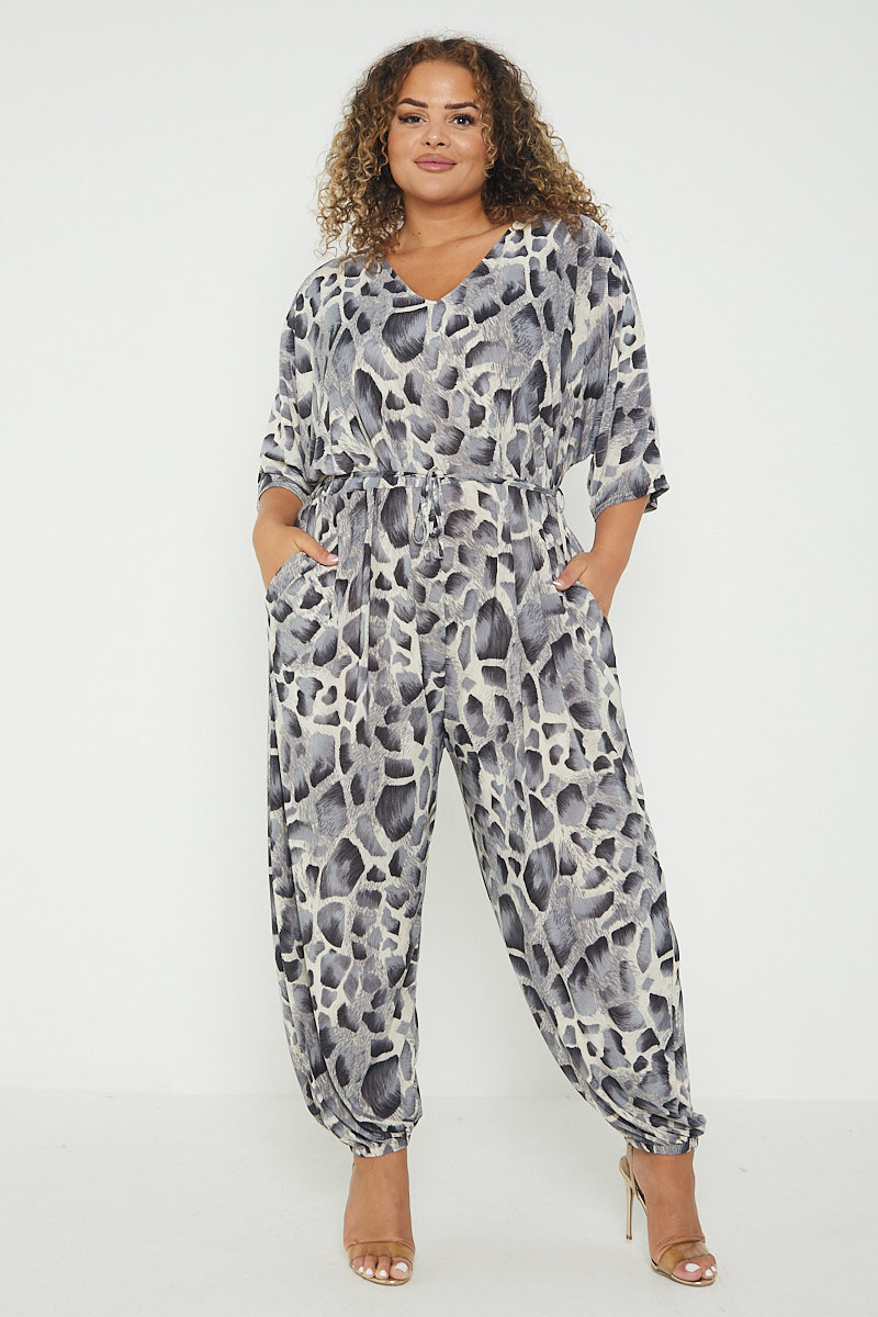 Elise Animal Print Tie Waist Plus Size Jumpsuit Elise Animal Print Tie Waist Plus Size Jumpsuit