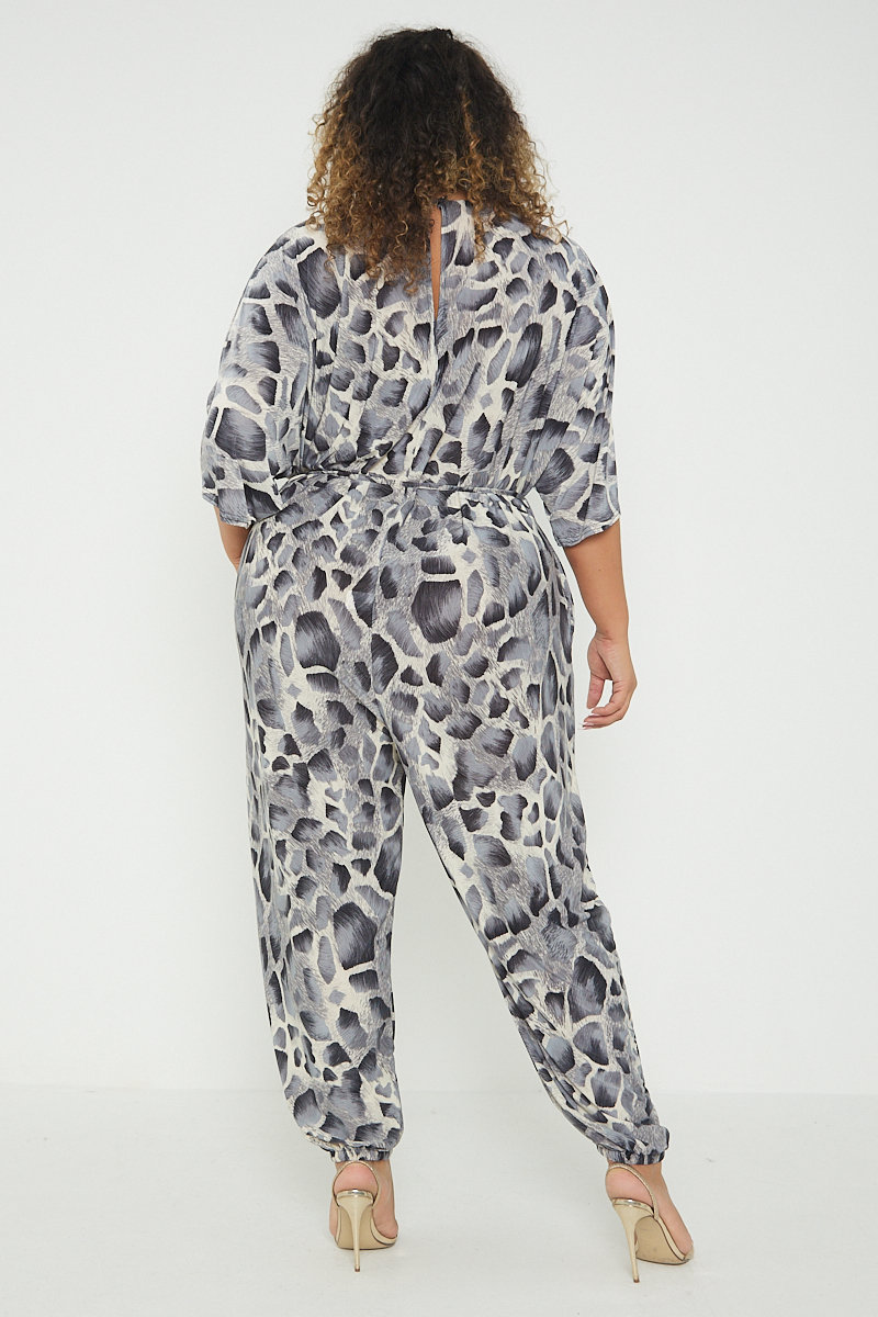 Elise Animal Print Tie Waist Plus Size Jumpsuit  Thumbnail