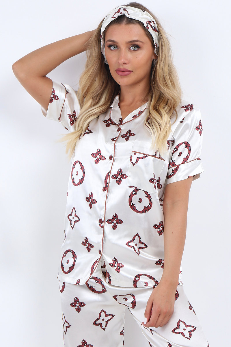 Jessie Printed Contrast Piping Pyjama Set with Headband Thumbnail