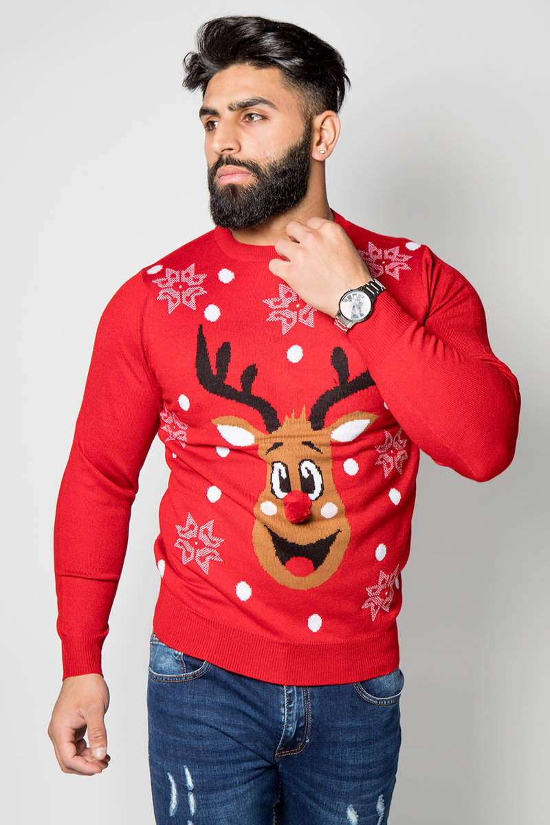 Benjamin Fine Knitted Reindeer Pom Christmas Jumper Thumbnail Benjamin Fine Knitted Reindeer Pom Christmas Jumper Thumbnail