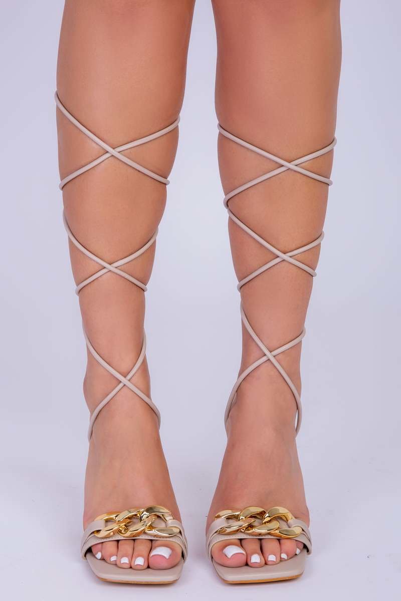 Astrid Tie Leg Heels with Chunky Chain Detail Thumbnail Astrid Tie Leg Heels with Chunky Chain Detail Thumbnail