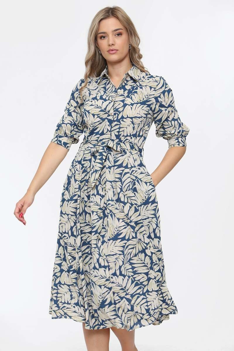 Selina Blue Leaf Print Midi Dress Selina Blue Leaf Print Midi Dress