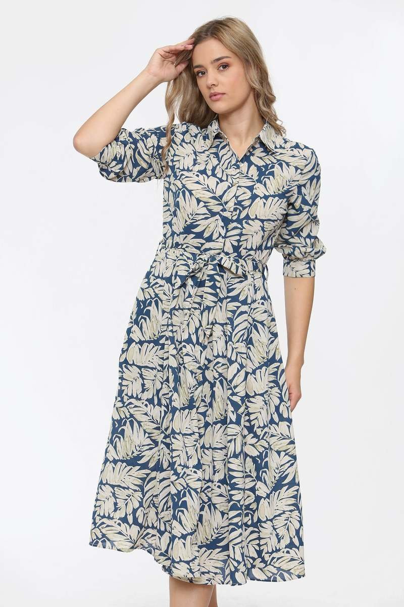 Selina Blue Leaf Print Midi Dress Thumbnail Selina Blue Leaf Print Midi Dress Thumbnail