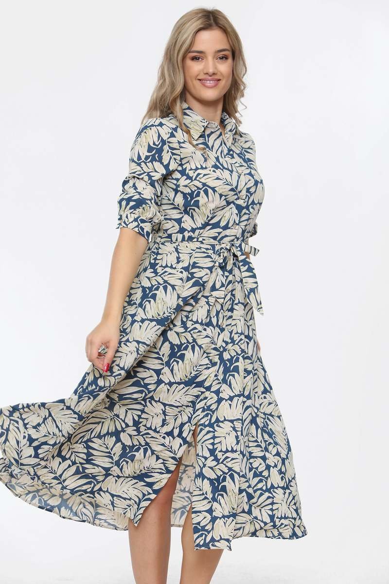 Selina Blue Leaf Print Midi Dress Thumbnail Selina Blue Leaf Print Midi Dress Thumbnail