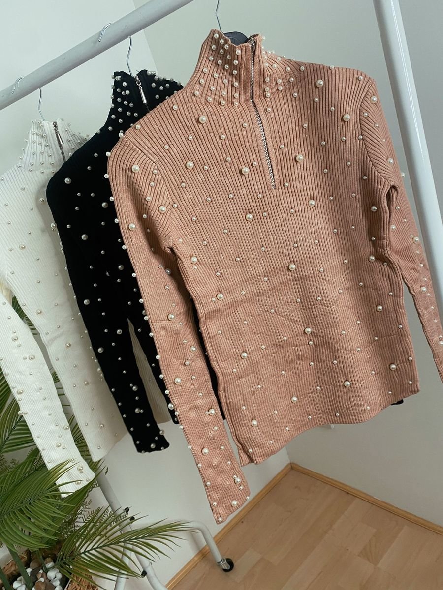 Maggie High Neck Knitted Zipper Jumpers with All-Over Pearl Detail Thumbnail Maggie High Neck Knitted Zipper Jumpers with All-Over Pearl Detail Thumbnail
