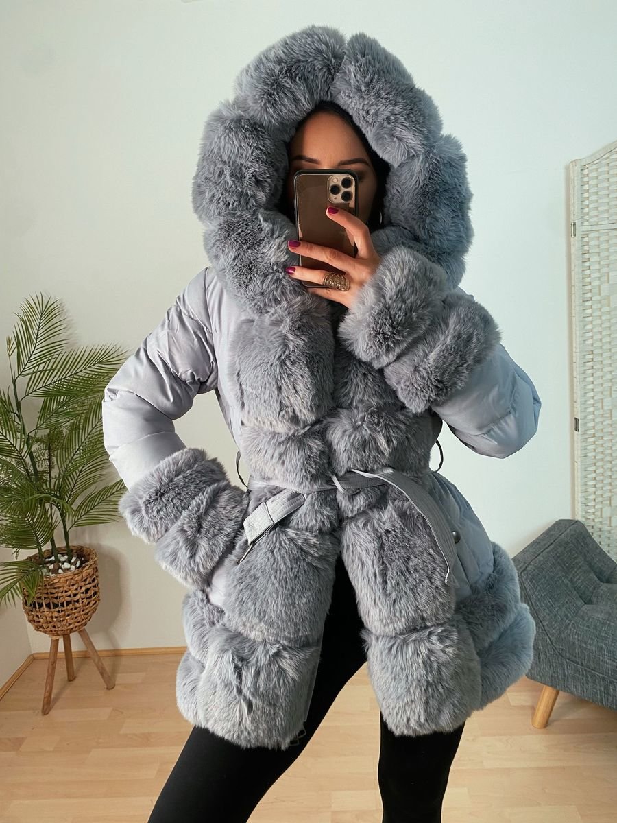 Crystal Faux Fur Padded Coat in Grey | ikrush