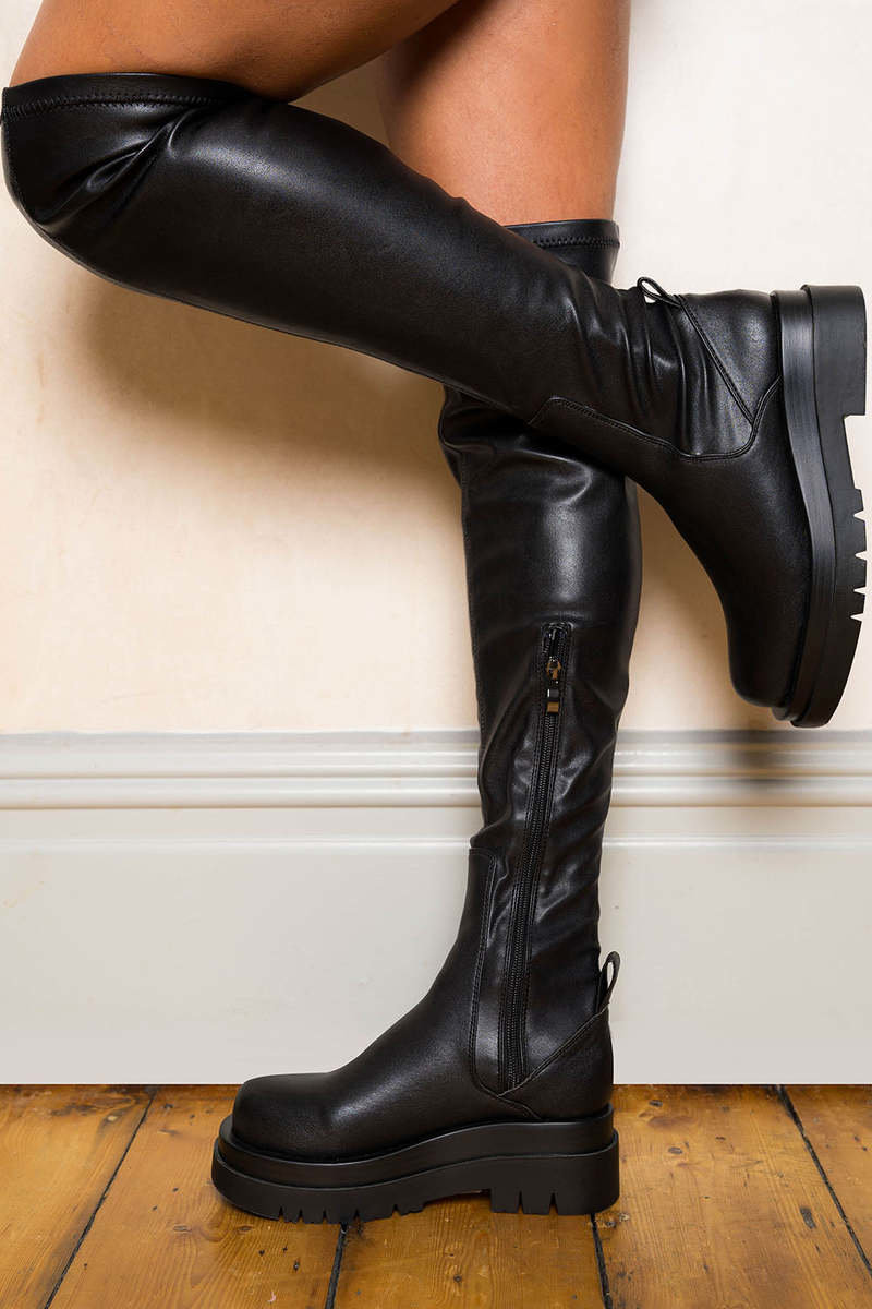 Erin Stretch Chunky Platform Sole Knee High Boots Erin Stretch Chunky Platform Sole Knee High Boots