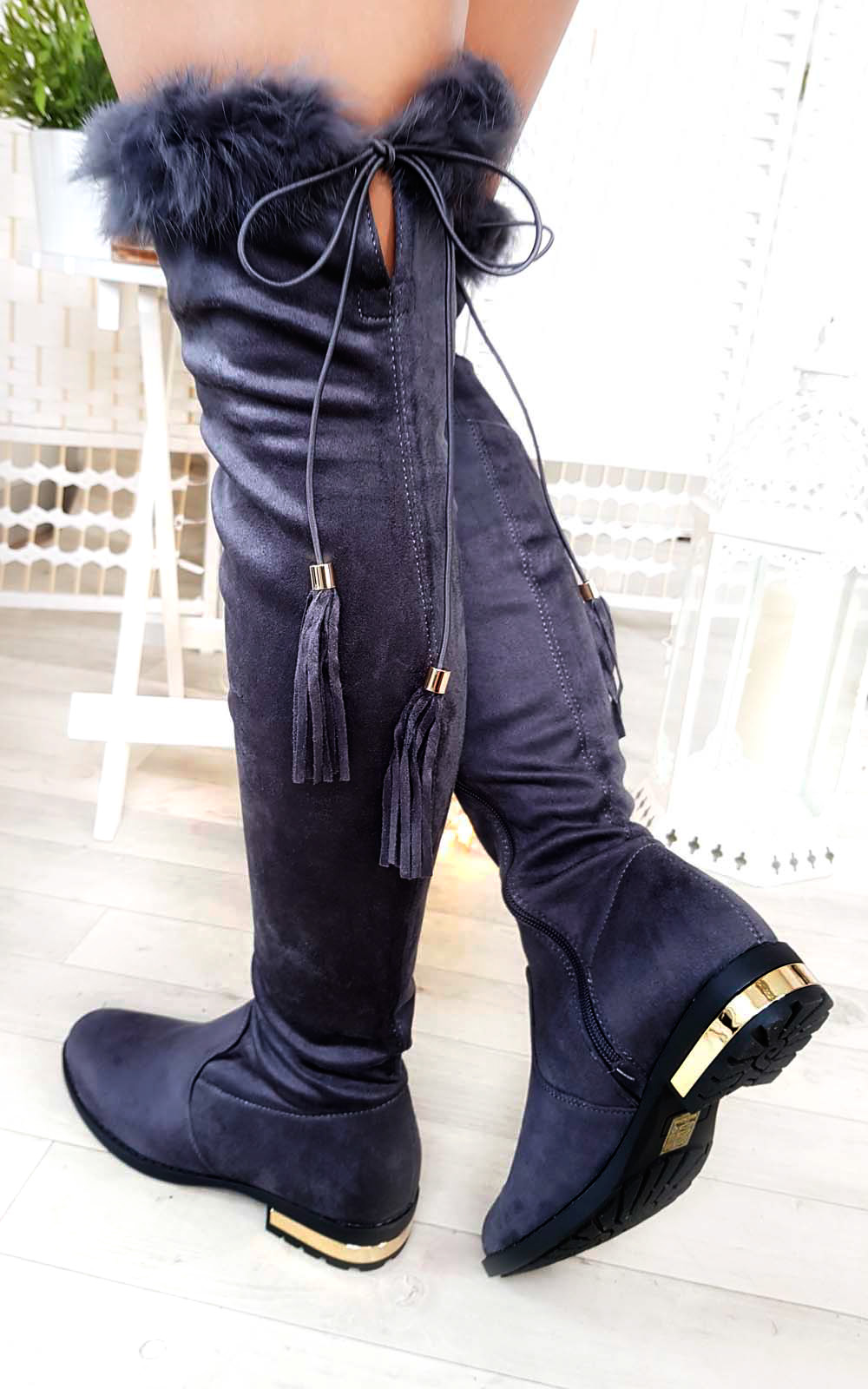 Anah Faux Suede Fluffy Tassel Knee High Boots