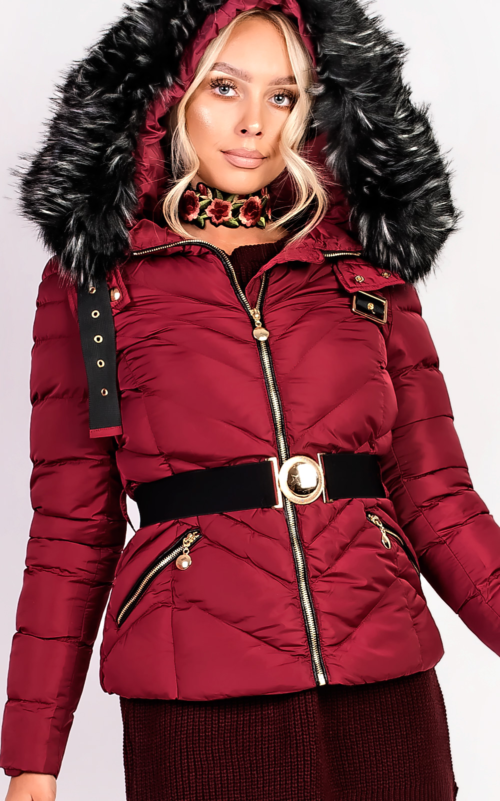 Elisia Padded Faux Fur Hooded Belted Jacket Thumbnail