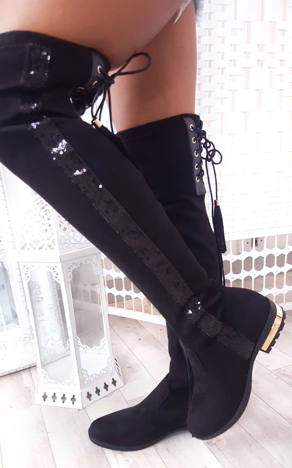 Amy Faux Suede Sequin Lace Up Knee High Boots Thumbnail