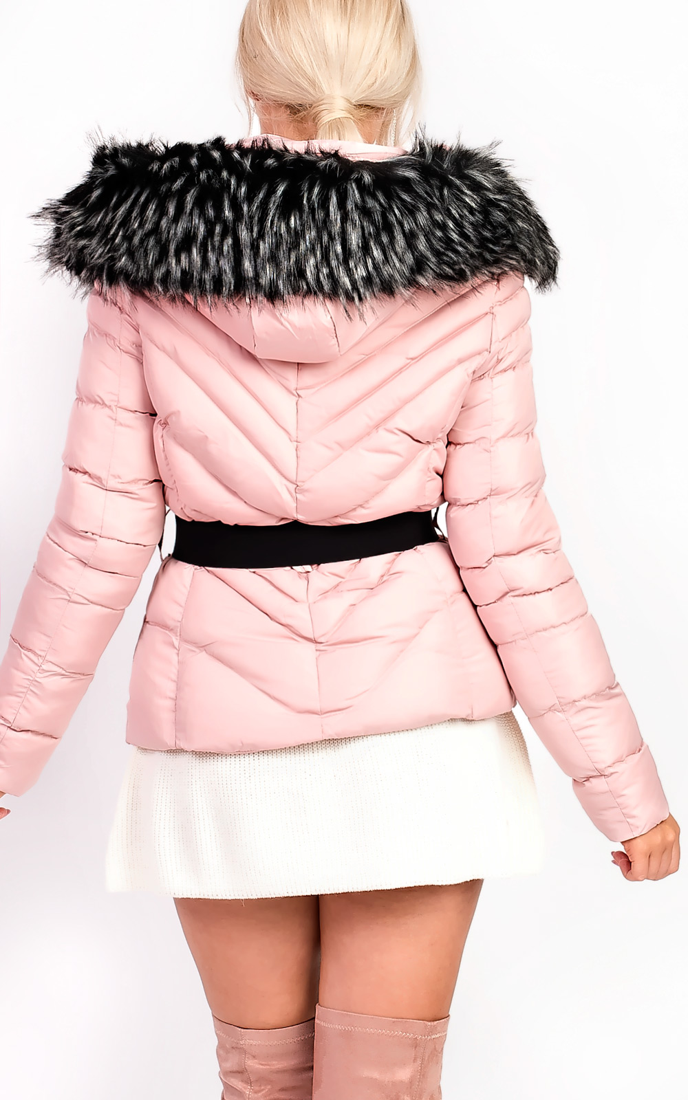 Elisia Padded Faux Fur Hooded Belted Jacket Thumbnail