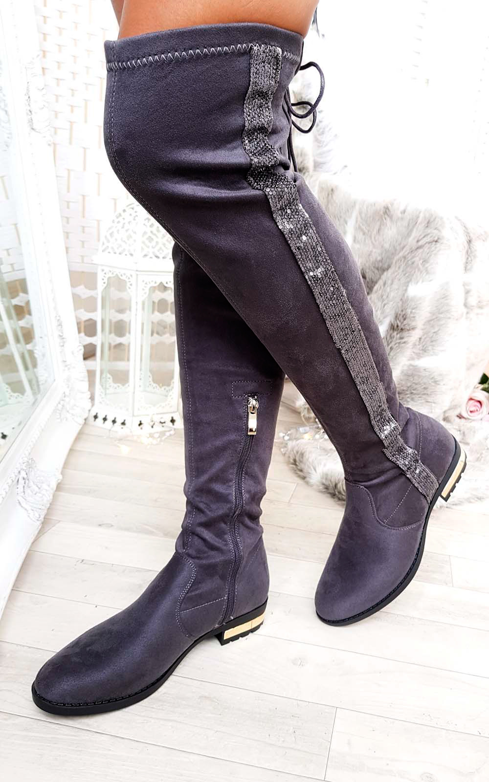 Amy Faux Suede Sequin Lace Up Knee High Boots Amy Faux Suede Sequin Lace Up Knee High Boots