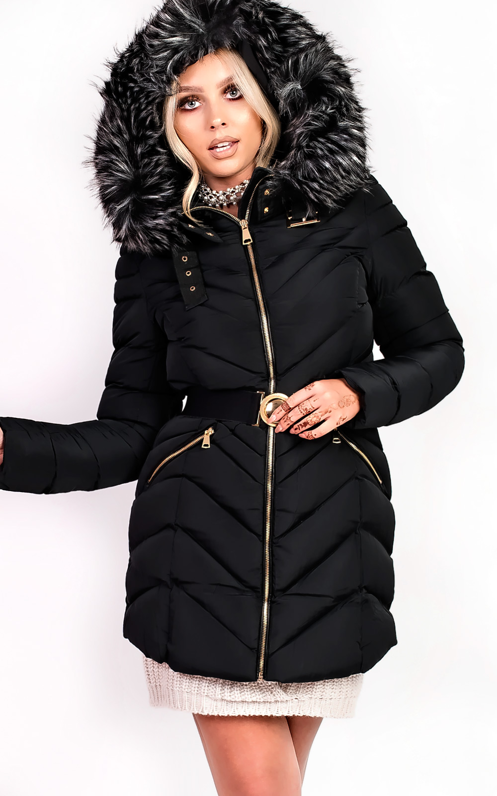 Stella Padded Faux Fur Hooded Belted Jacket Thumbnail