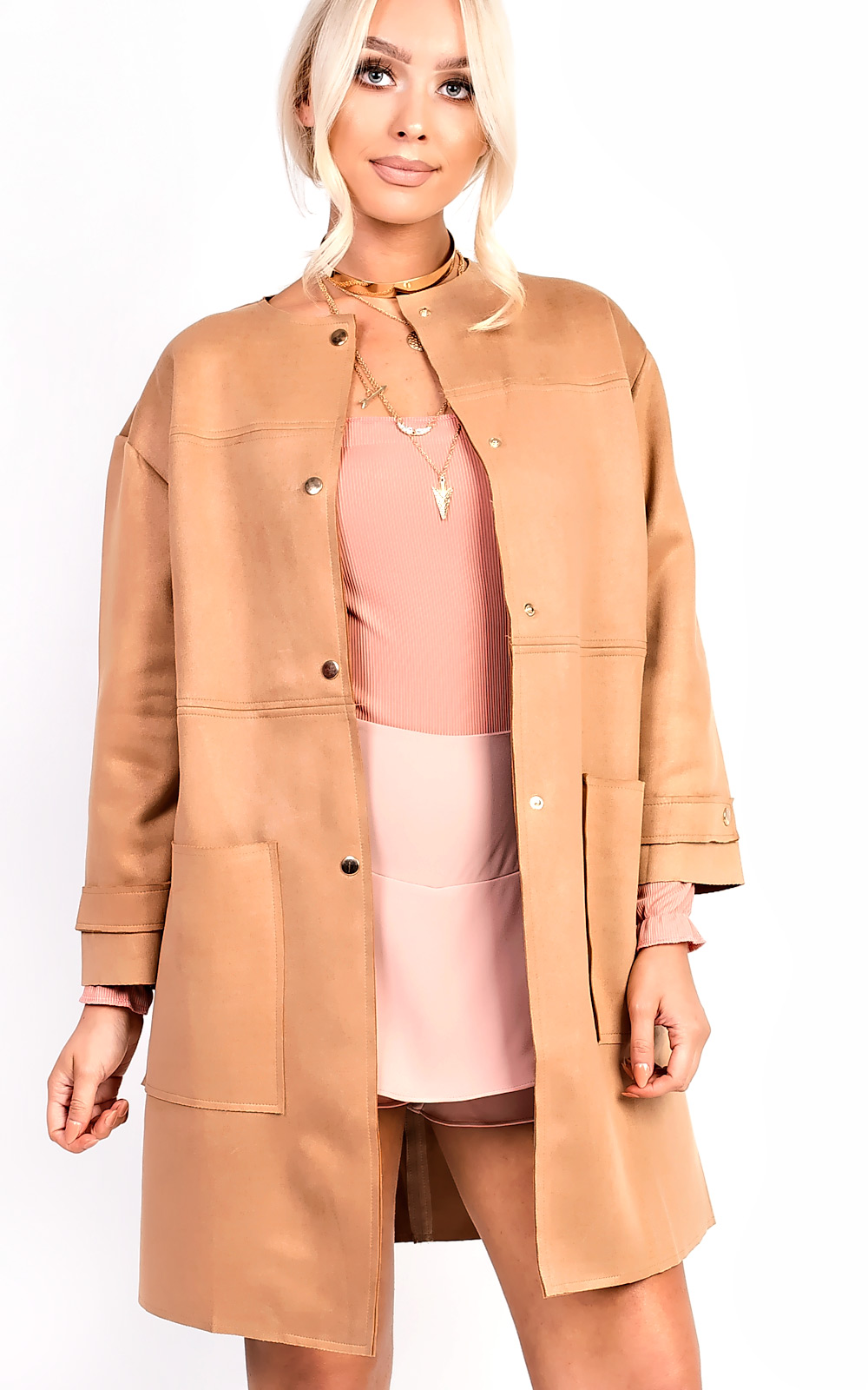 Carmellia Collarless Faux Suede Jacket Thumbnail Carmellia Collarless Faux Suede Jacket Thumbnail