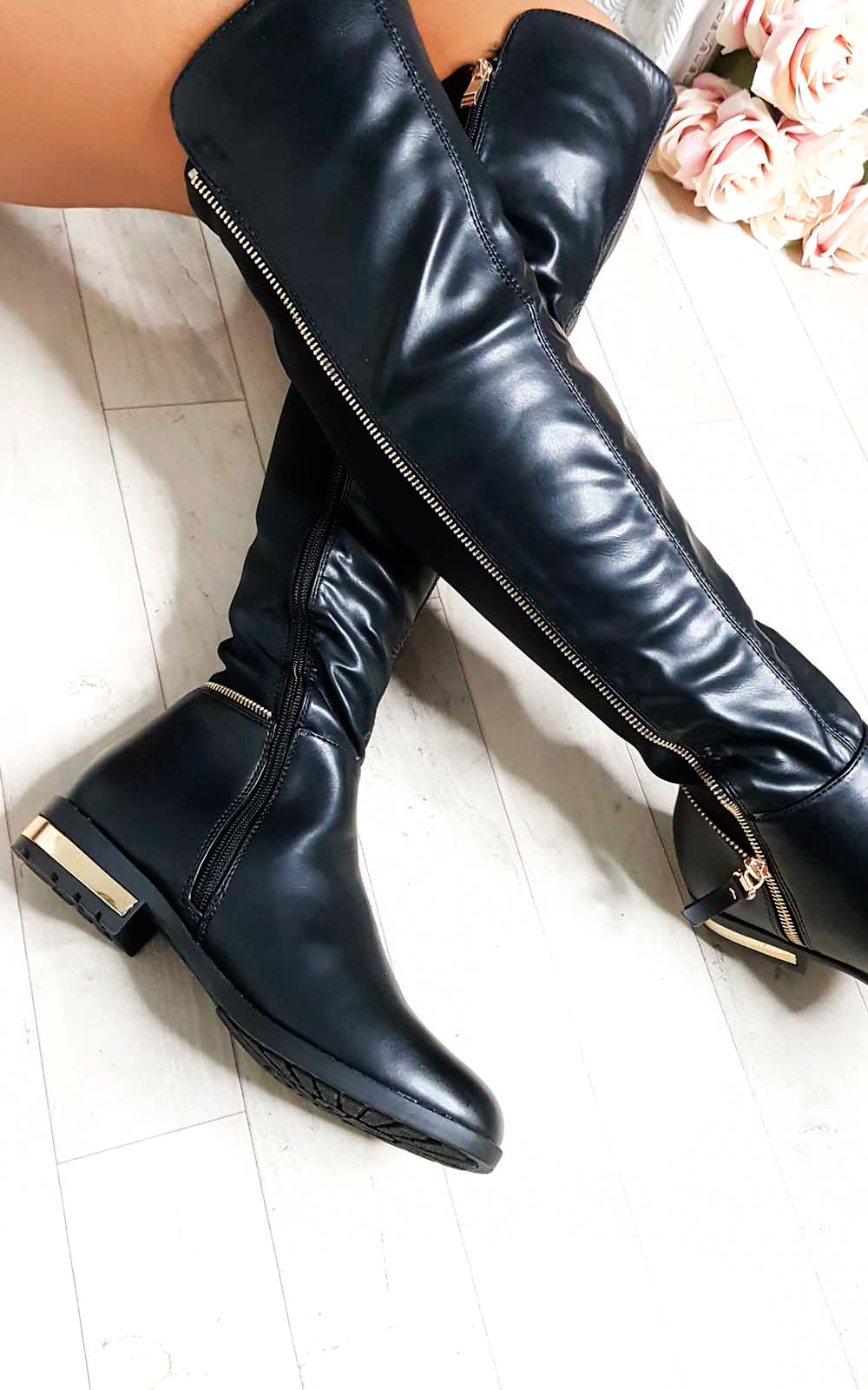 Jodie Faux Leather Gold Bar Knee High Boots Thumbnail