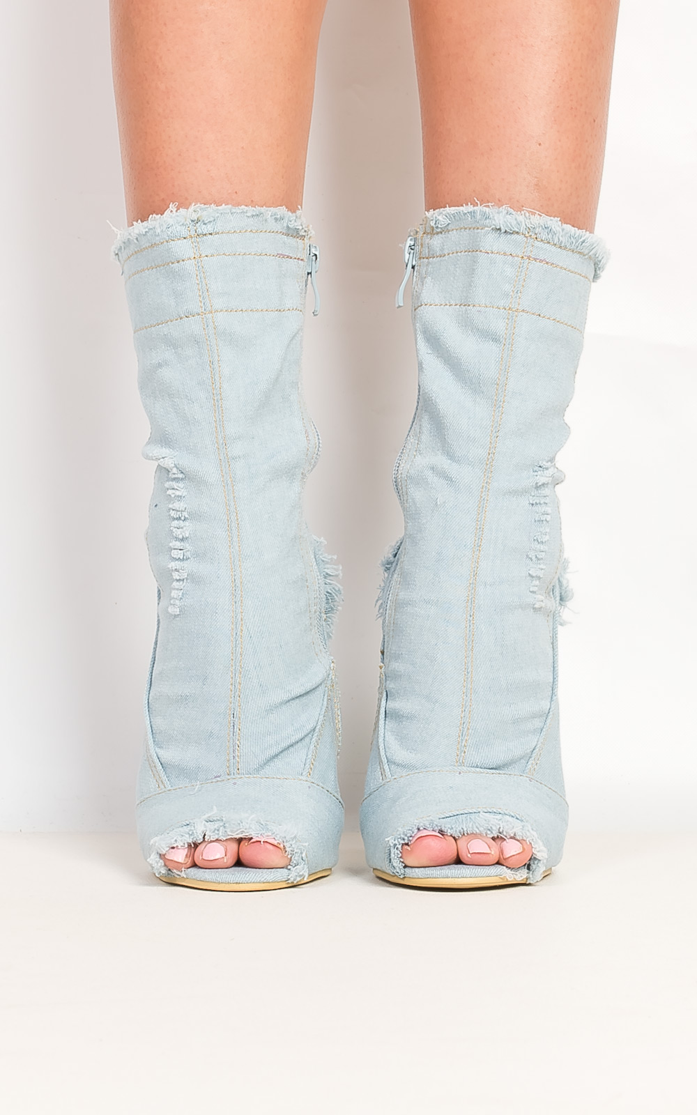 Dena Denim Frayed Peep Toe Heeled Ankle Boots Thumbnail